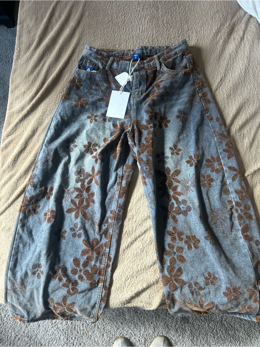 Aelfric Eden Gray Denim Jeans with Brown Floral Print